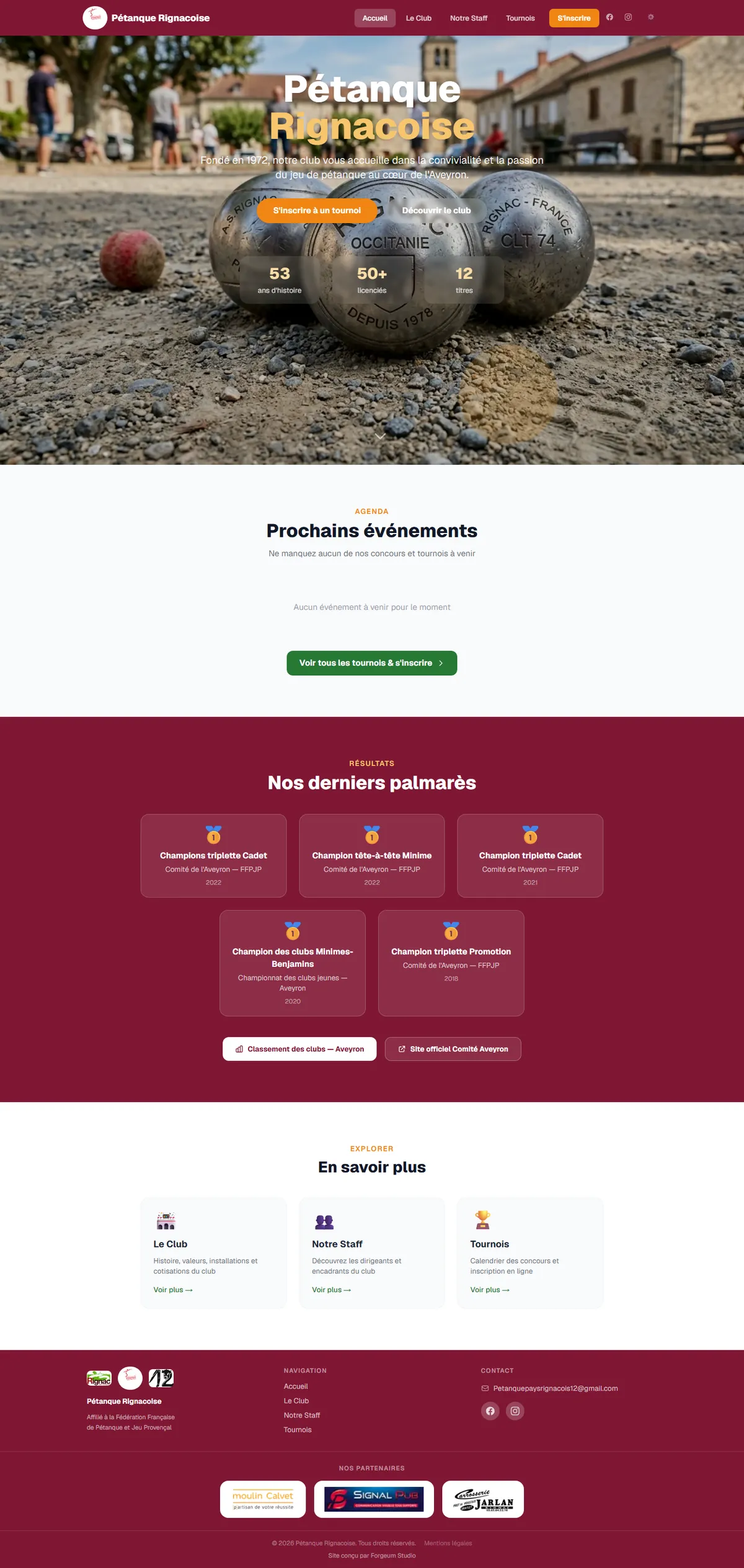 Screenshot of the Pétanque Pays Rignacois website